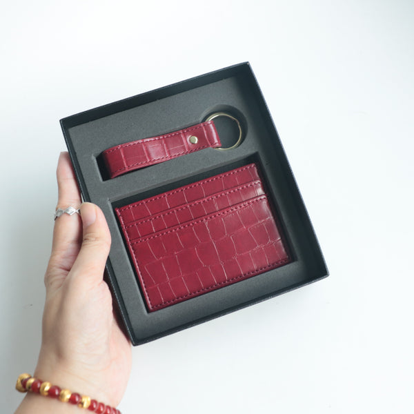 Maroon Croc-Pattern Leather Wallet & Keyring Gift Set | Dubai